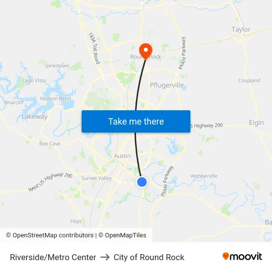 Riverside/Metro Center to City of Round Rock map