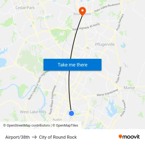 Airport/38th to City of Round Rock map