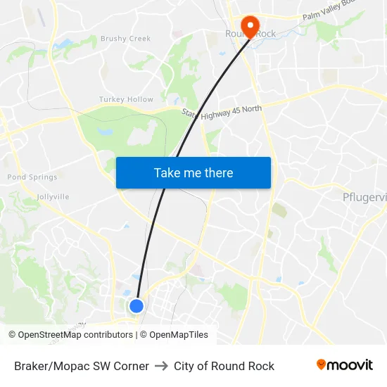 Braker/Mopac SW Corner to City of Round Rock map