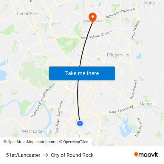 51st/Lancaster to City of Round Rock map