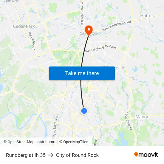 Rundberg at Ih 35 to City of Round Rock map