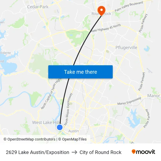 2629 Lake Austin/Exposition to City of Round Rock map