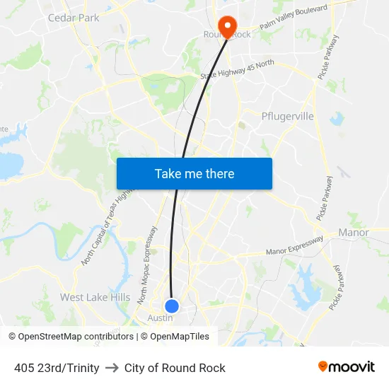 405 23rd/Trinity to City of Round Rock map