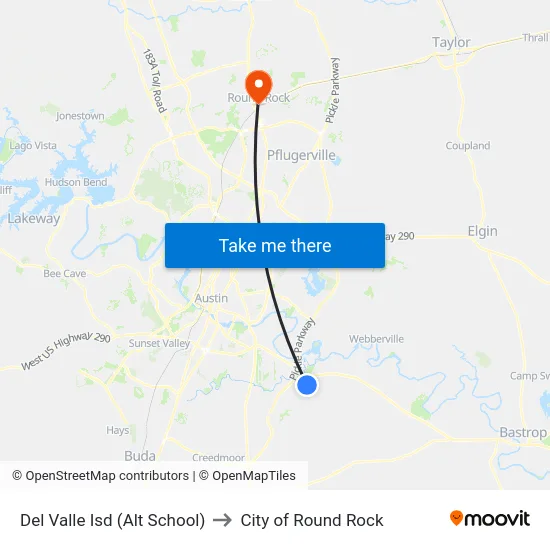 Del Valle Isd (Alt School) to City of Round Rock map