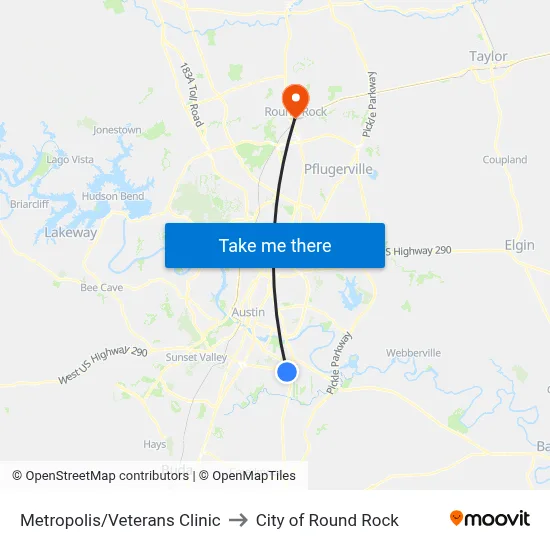 Metropolis/Veterans Clinic to City of Round Rock map