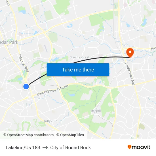 Lakeline/Us 183 to City of Round Rock map