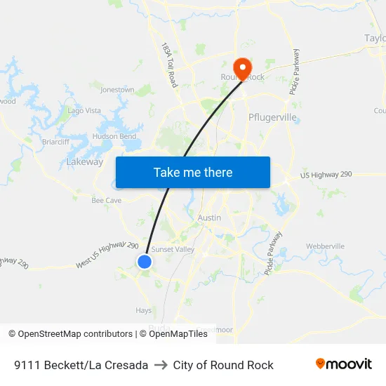 9111 Beckett/La Cresada to City of Round Rock map