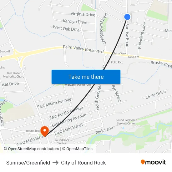 Sunrise/Greenfield to City of Round Rock map