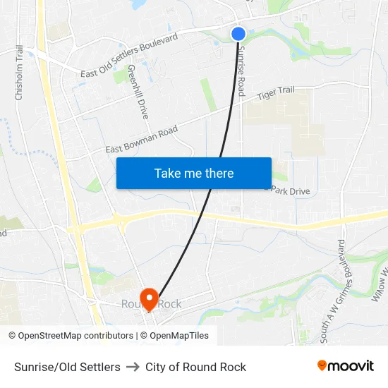 Sunrise/Old Settlers to City of Round Rock map
