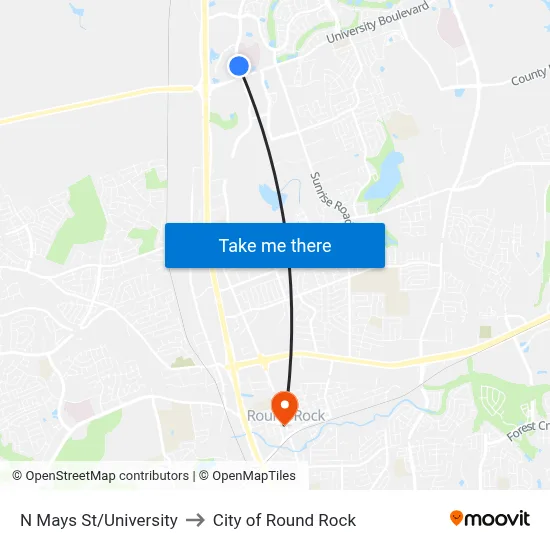 N Mays St/University to City of Round Rock map
