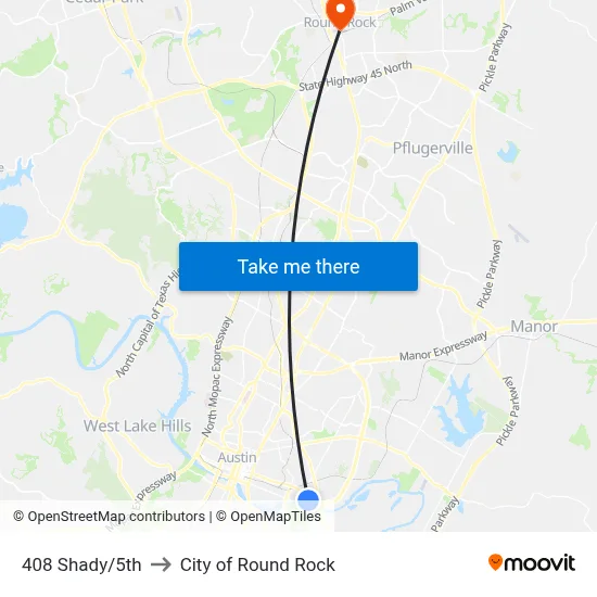 408 Shady/5th to City of Round Rock map