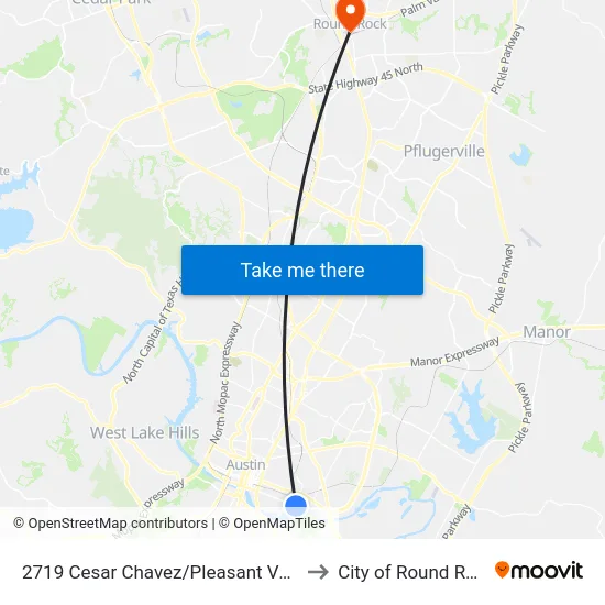 2719 Cesar Chavez/Pleasant Valley to City of Round Rock map