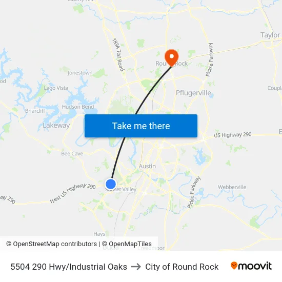 5504 290 Hwy/Industrial Oaks to City of Round Rock map
