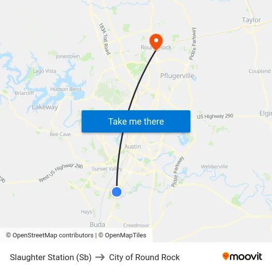 Slaughter Station (Sb) to City of Round Rock map