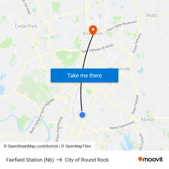 Fairfield Station (Nb) to City of Round Rock map