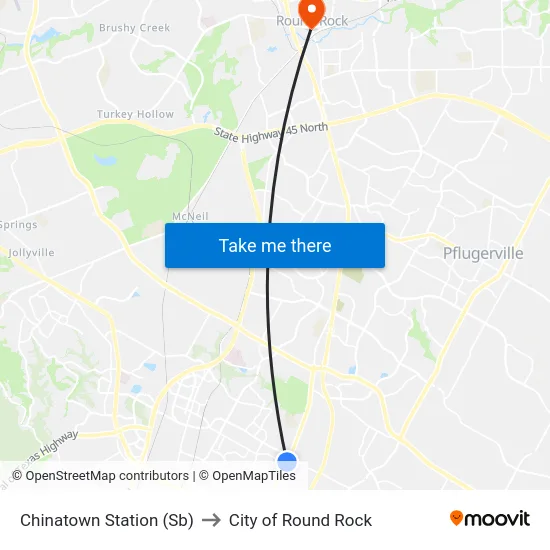 Chinatown Station (Sb) to City of Round Rock map