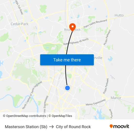 Masterson Station (Sb) to City of Round Rock map
