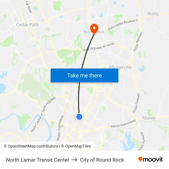 North Lamar Transit Center to City of Round Rock map