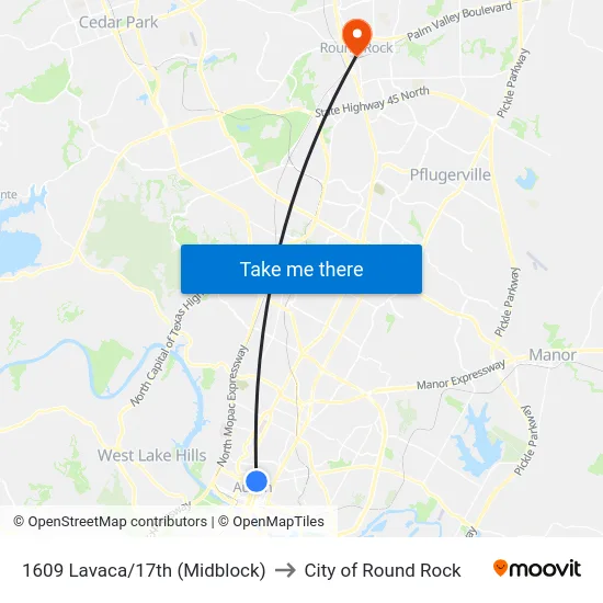 1609 Lavaca/17th (Midblock) to City of Round Rock map