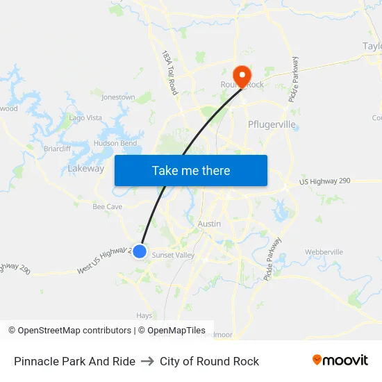 Pinnacle Park And Ride to City of Round Rock map