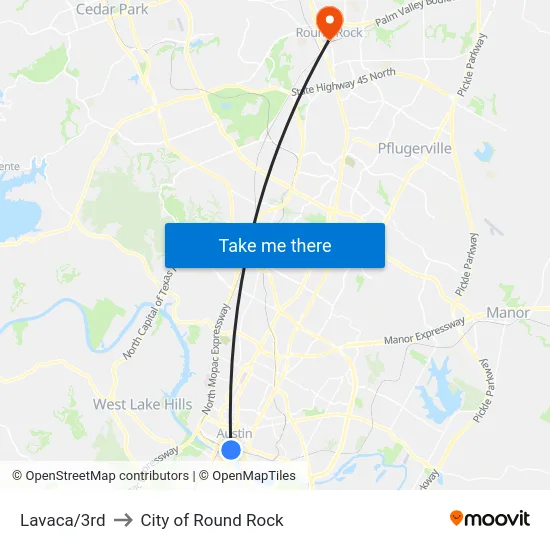 Lavaca/3rd to City of Round Rock map