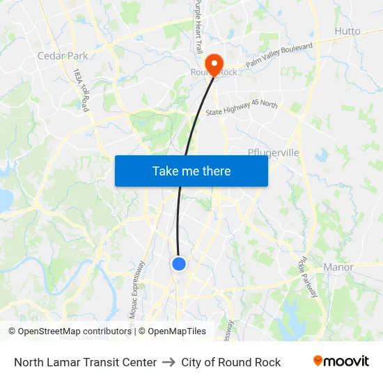 North Lamar Transit Center to City of Round Rock map