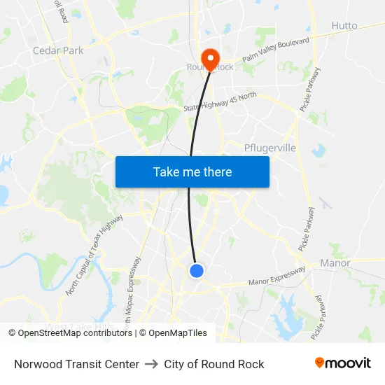 Norwood Transit Center to City of Round Rock map