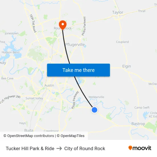 Tucker Hill Park & Ride to City of Round Rock map