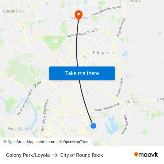 Colony Park/Loyola to City of Round Rock map
