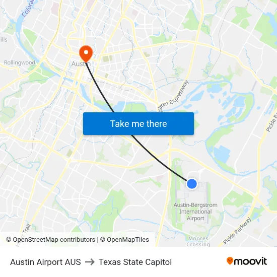 Austin Airport AUS to Texas State Capitol map
