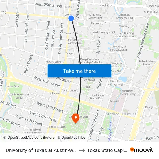 University of Texas at Austin-West to Texas State Capitol map