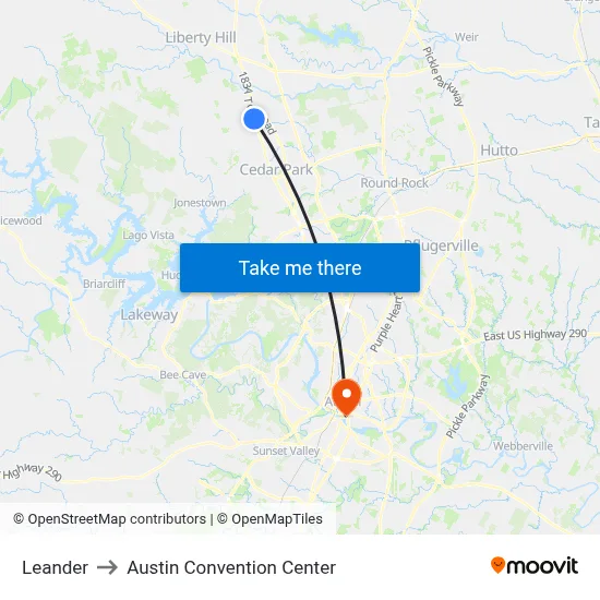 Leander to Austin Convention Center map