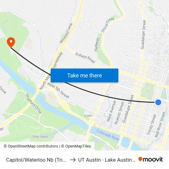 Capitol/Waterloo Nb (Trinity/11th) to UT Austin - Lake Austin Campus map