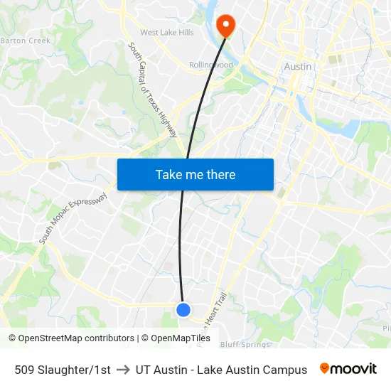 509 Slaughter/1st to UT Austin - Lake Austin Campus map