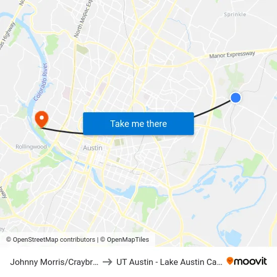 Johnny Morris/Craybrough to UT Austin - Lake Austin Campus map
