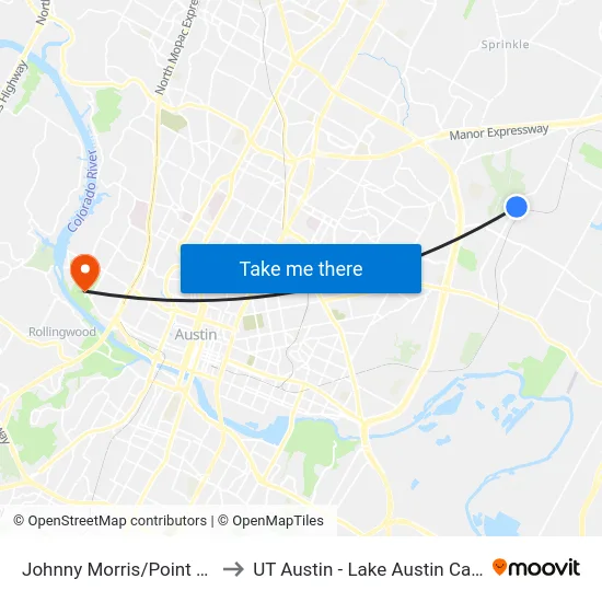 Johnny Morris/Point North to UT Austin - Lake Austin Campus map