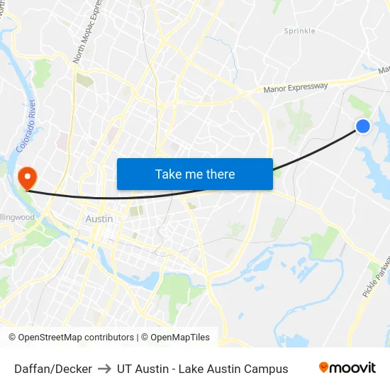 Daffan/Decker to UT Austin - Lake Austin Campus map