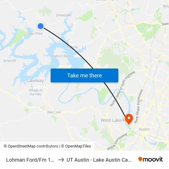 Lohman Ford/Fm 1431 to UT Austin - Lake Austin Campus map