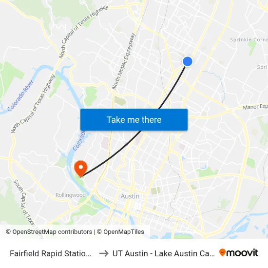 Fairfield Rapid  Station (Sb) to UT Austin - Lake Austin Campus map