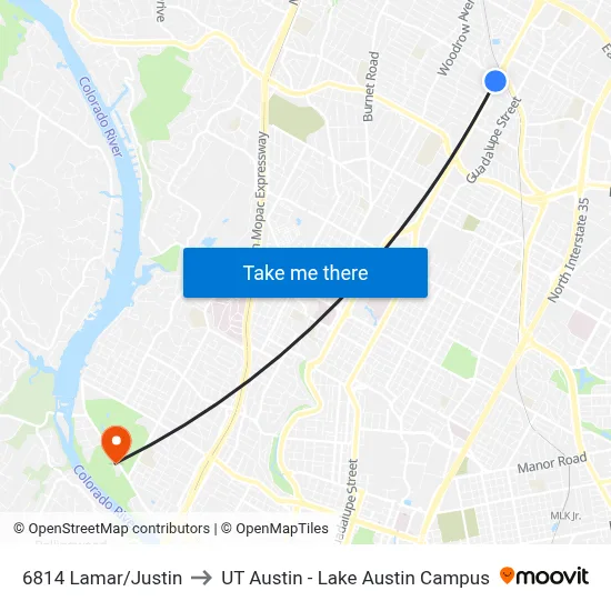 6814 Lamar/Justin to UT Austin - Lake Austin Campus map