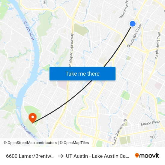 6600 Lamar/Brentwood to UT Austin - Lake Austin Campus map