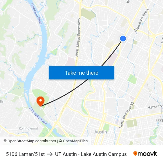 5106 Lamar/51st to UT Austin - Lake Austin Campus map