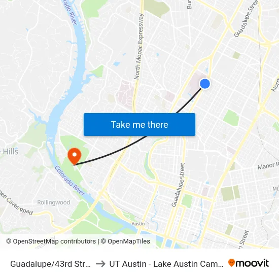 Guadalupe/43rd Street to UT Austin - Lake Austin Campus map