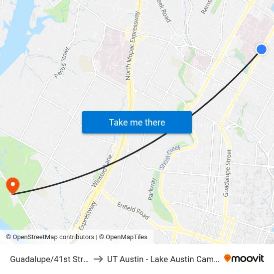 Guadalupe/41st Street to UT Austin - Lake Austin Campus map