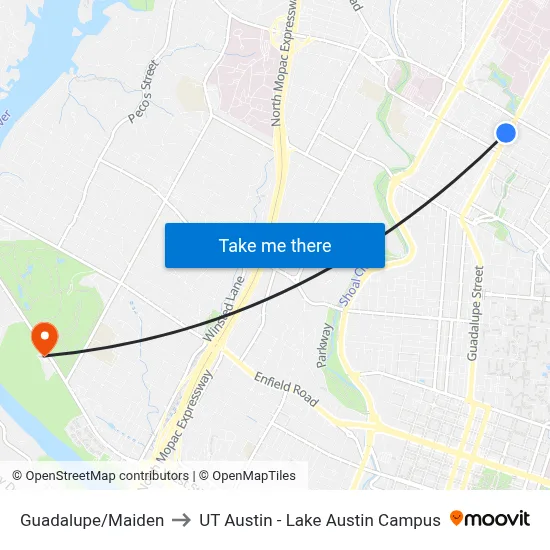 Guadalupe/Maiden to UT Austin - Lake Austin Campus map