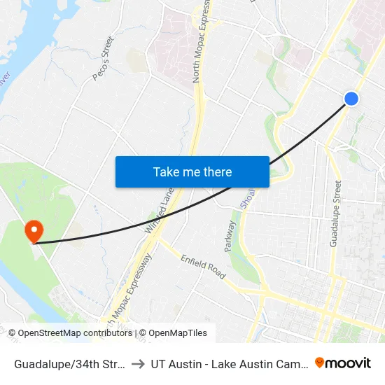 Guadalupe/34th Street to UT Austin - Lake Austin Campus map
