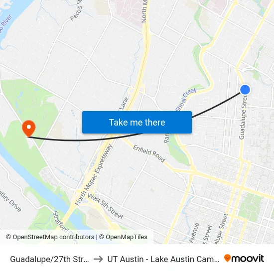 Guadalupe/27th Street to UT Austin - Lake Austin Campus map