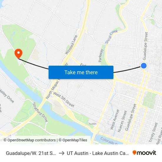 Guadalupe/W. 21st Street to UT Austin - Lake Austin Campus map