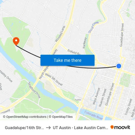 Guadalupe/16th Street to UT Austin - Lake Austin Campus map