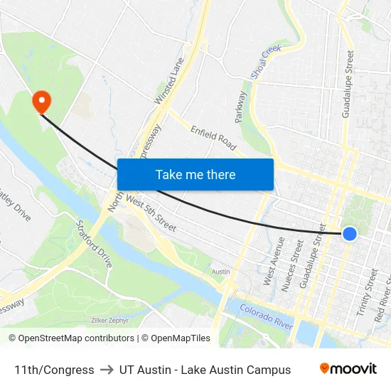 11th/Congress to UT Austin - Lake Austin Campus map